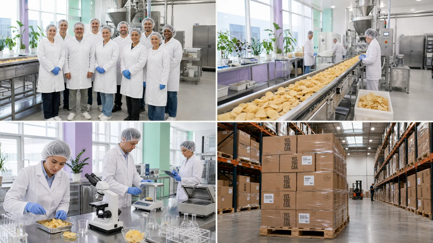 Our team, the production line, the quality lab and the warehouse of packed boxes