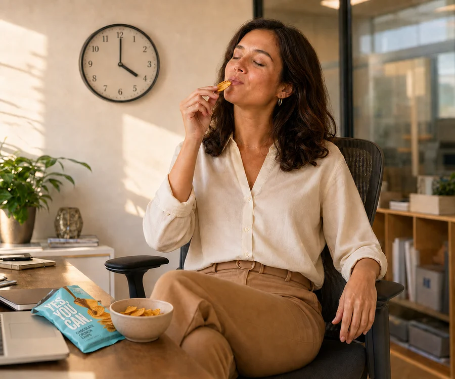 Woman enjoying chips at her desk at work