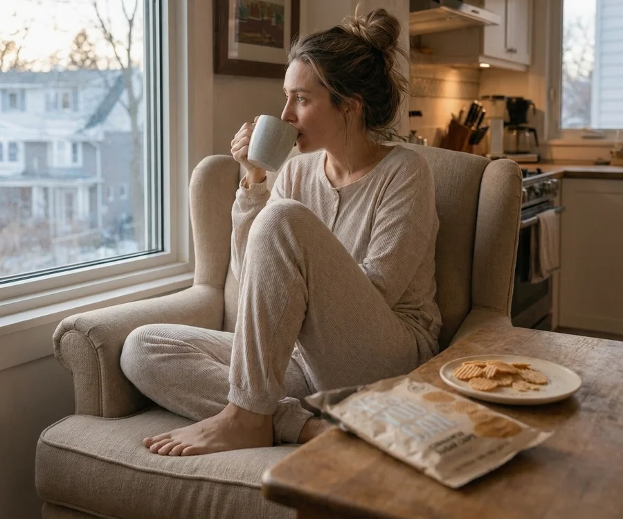 Woman with morning coffee and chips