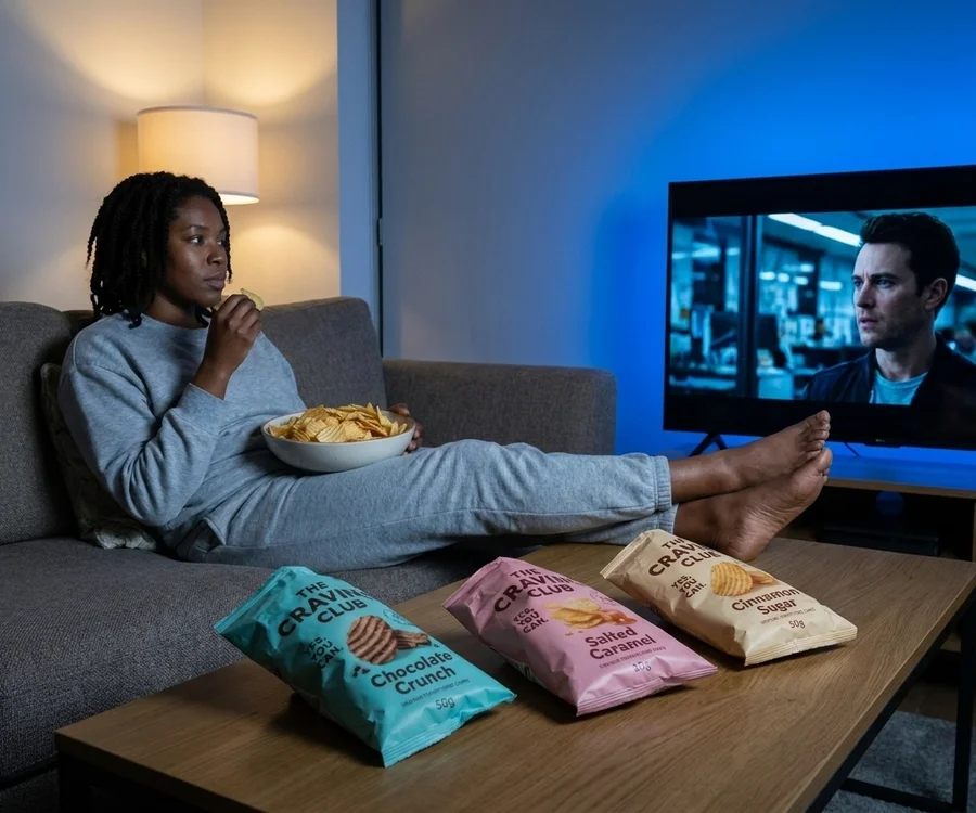 Person snacking in front of the TV in the evening