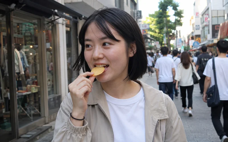 Customer on a city walk with chips